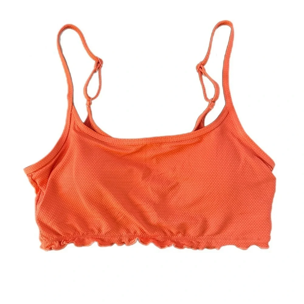 New Aerie Women’s Swimsuit Top Ribbed Lettuce Hem Size M Longline Bikini Orange